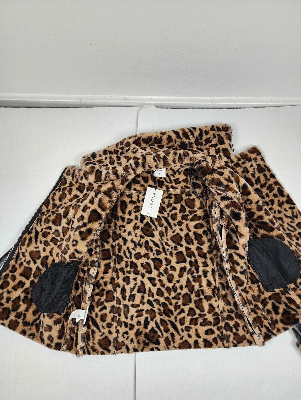 Black Faux Leather Moto Jacket with Leopard Faux Fur Accent
